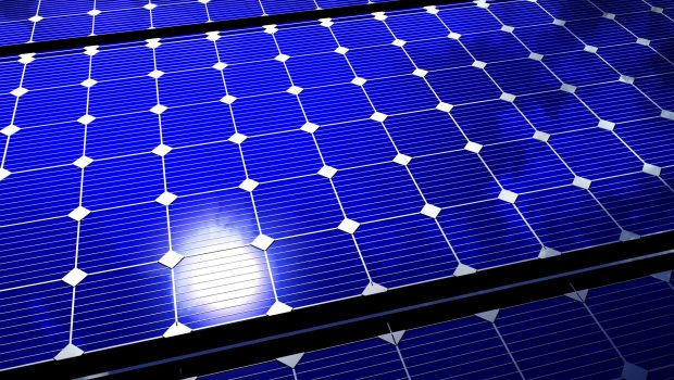 Solar Energy Theme: Solar Panel Cool Blue Eco Background. Renewable Natural Power Technology.